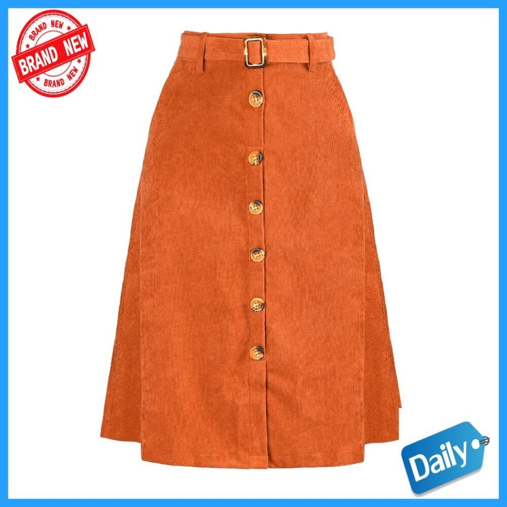 High Waist A-Line Corduroy Midi Skirt with Button Front and Belt